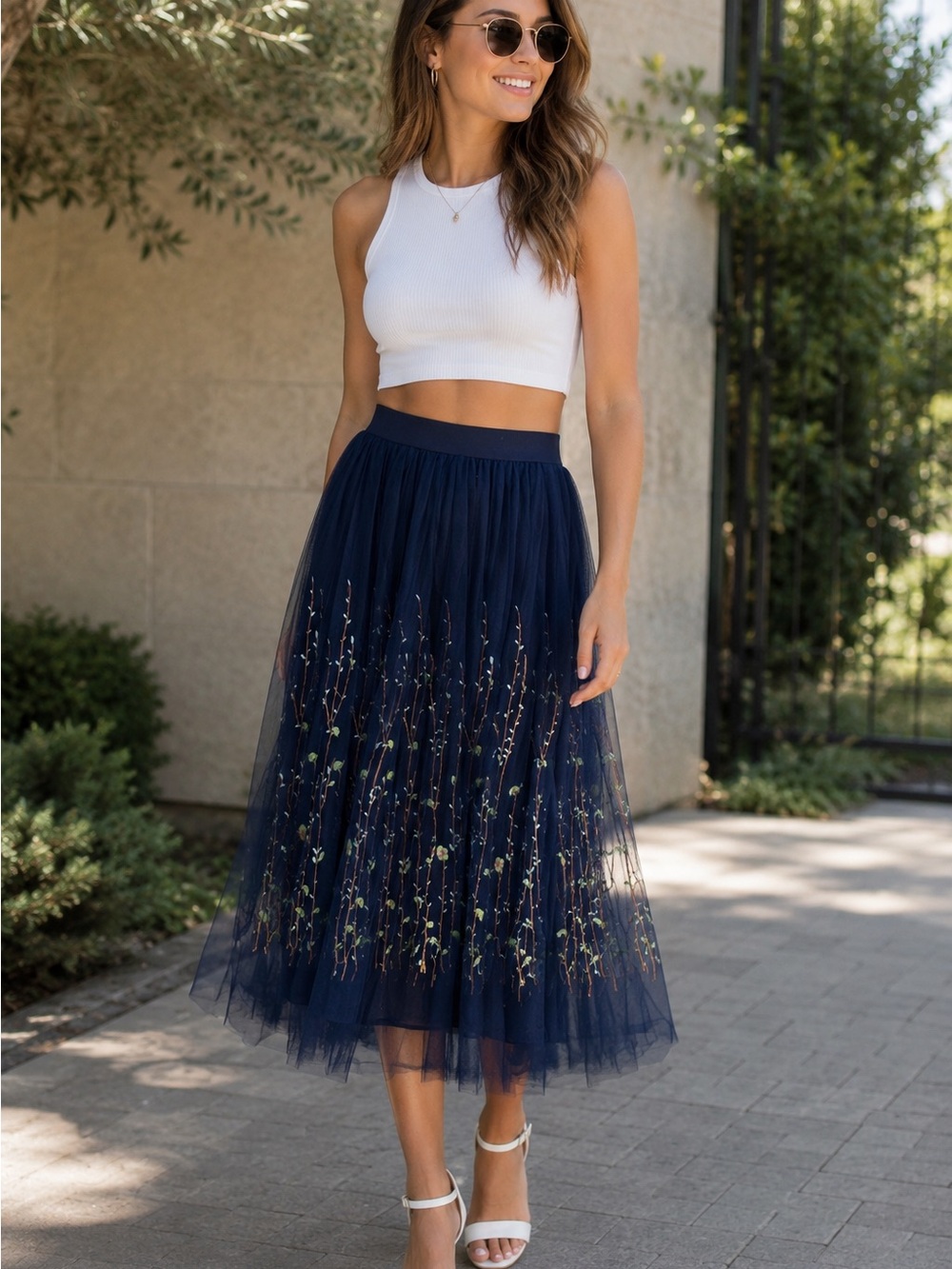 Navy embroidered floral & sheet mesh toile overlay midi skirt - fits 2-6